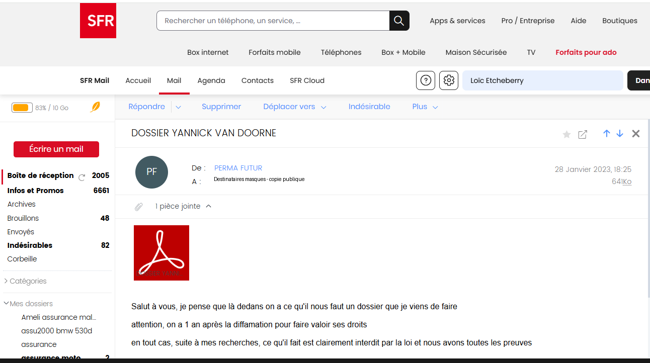 Courriel du 28 janvier 2023 avec données privées masquées