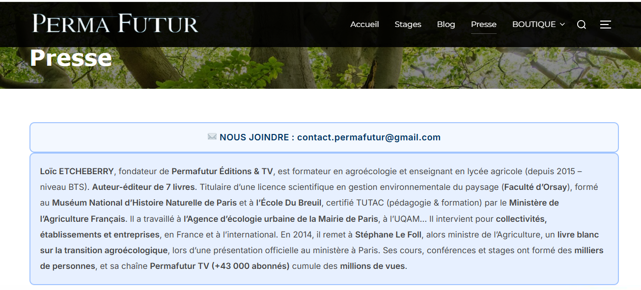 Capture publique de la page Presse Permafutur présentant le parcours de Loïc Etcheberry