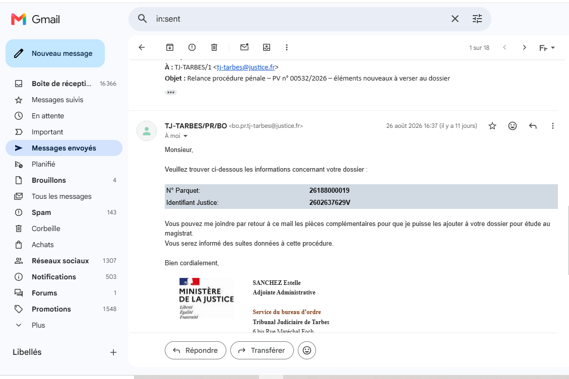 Courriel du Tribunal judiciaire de Tarbes du 26 août 2026 concernant le dossier BSA, références masquées